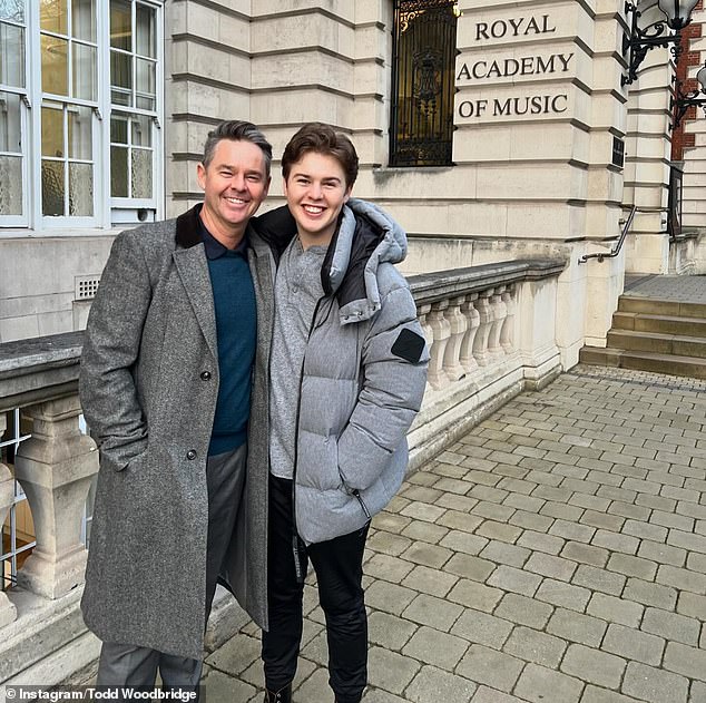 Todd Woodbridge is pictured outside London's Royal Academy of Music with his son Beau, who recently graduated from the prestigious school